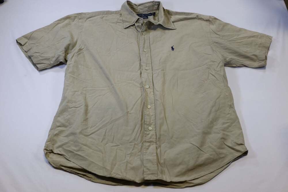 Ralph Lauren Blake Short Sleeve Cotton Button Down Shirt Khaki Tan Size Large